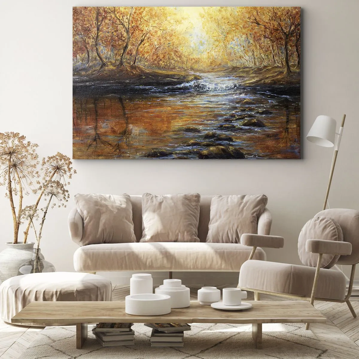 Obraz na plátne - Jesenná krajina s riekou medzi stromami - 70x50cm - Zlatý potok - Moderná nástenná dekorácia do obývacej izby a spálne ARTTOR