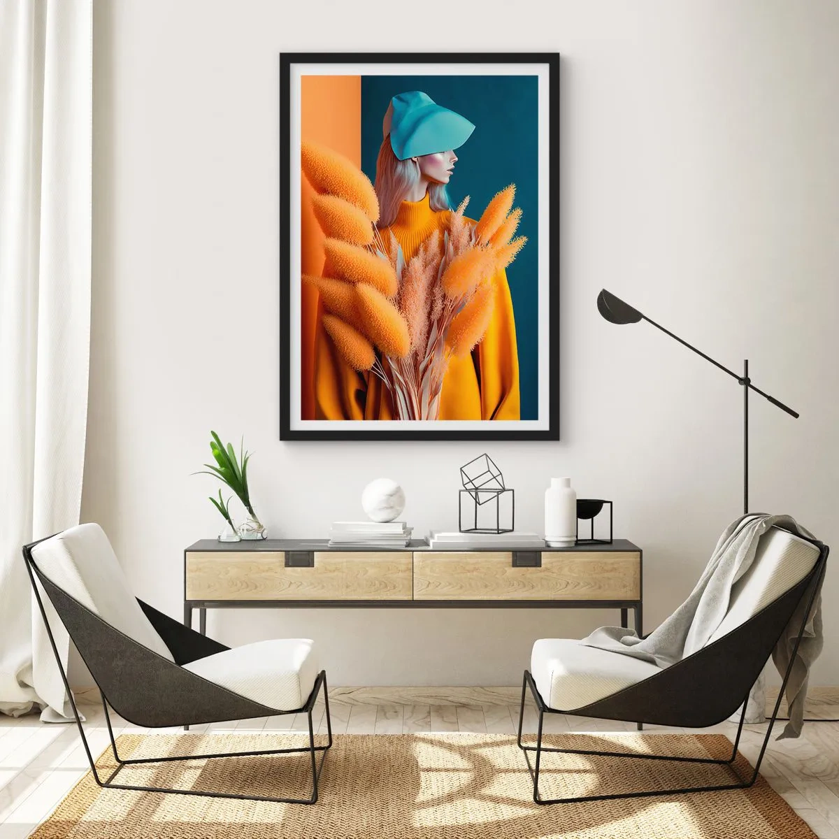 Plagát v čiernom ráme - Moderný portrét ženy v teplých farbách - 50x70cm - Chlpatý portrét - Moderná nástenná dekorácia do obývacej izby a spálne ARTTOR