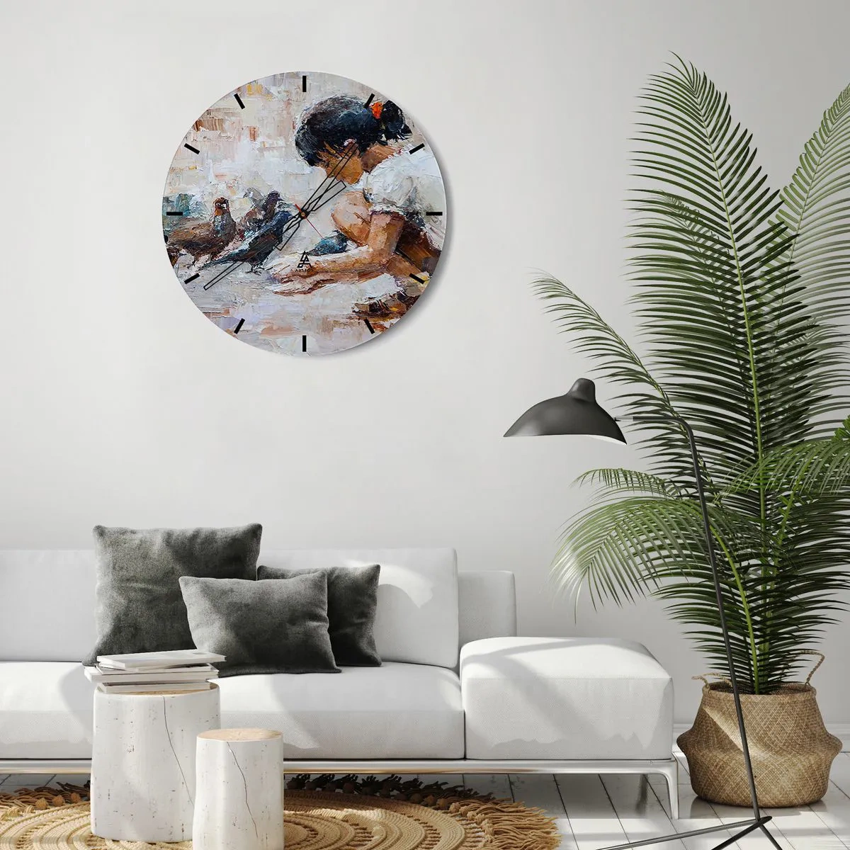 Nástenné hodiny - Dievča kŕmi holuby na maľovanom pozadí - 30x30cm - Maličkí a najmilší - Moderná nástenná dekorácia do obývacej izby, kuchyne a spálne ARTTOR