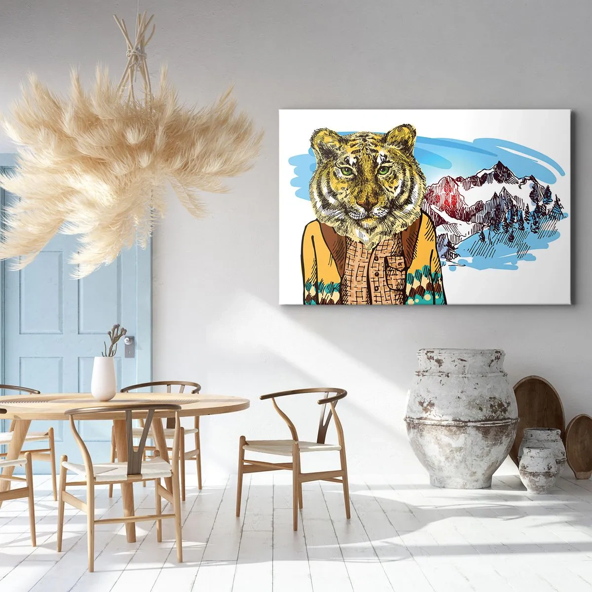 Obraz na plátne - Tiger v kabáte na pozadí horskej krajiny - 70x50cm - Nie je tak divoký ako ho kreslia - Moderná nástenná dekorácia do obývacej izby a spálne ARTTOR