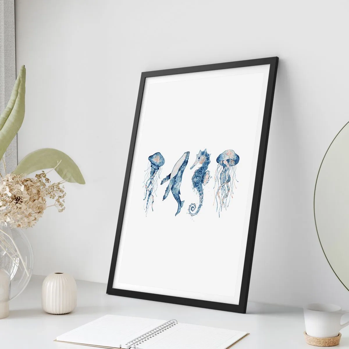 Plagát v čiernom ráme - Morské živočíchy v akvarelovom štýle - 50x70cm - Morská divočina - Moderná nástenná dekorácia do obývacej izby a spálne ARTTOR