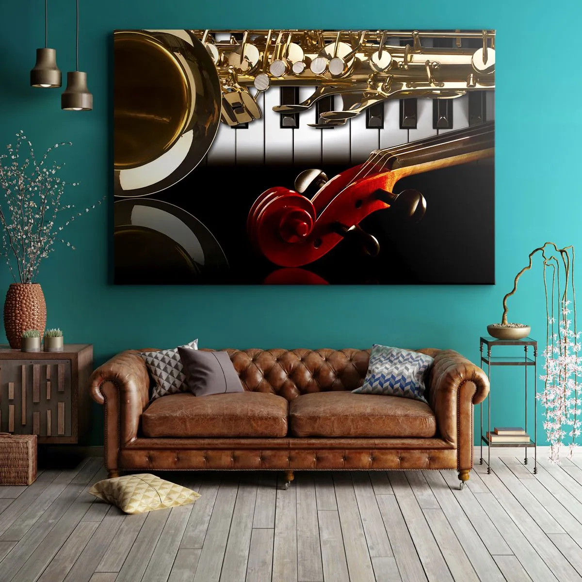 Obraz na plátne - Zlatý saxofón, klávesy klavíra a červené husle - 70x50cm - Plech, drevo a slonovinová kosť - Moderná nástenná dekorácia do obývacej izby a spálne ARTTOR