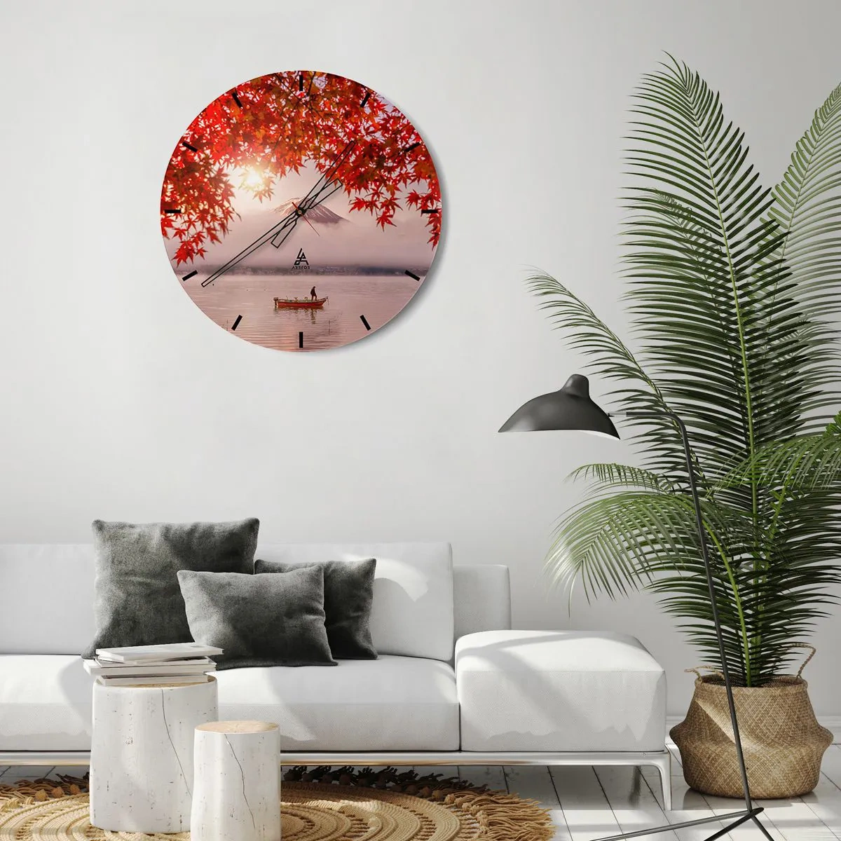 Nástenné hodiny - Jesenné lístie s horou Fudži v pozadí a loďkou na jazere - 30x30cm - V japonskom štýle - Moderná nástenná dekorácia do obývacej izby, kuchyne a spálne ARTTOR