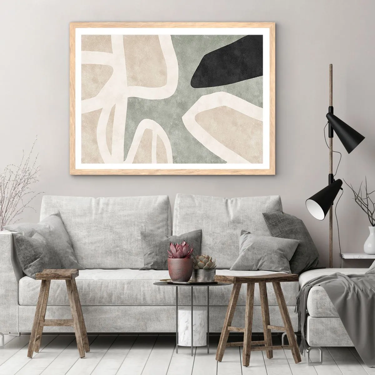 Plagát v ráme zo svetlého duba - Kompozícia s čiernym motívom - 70x50 cm