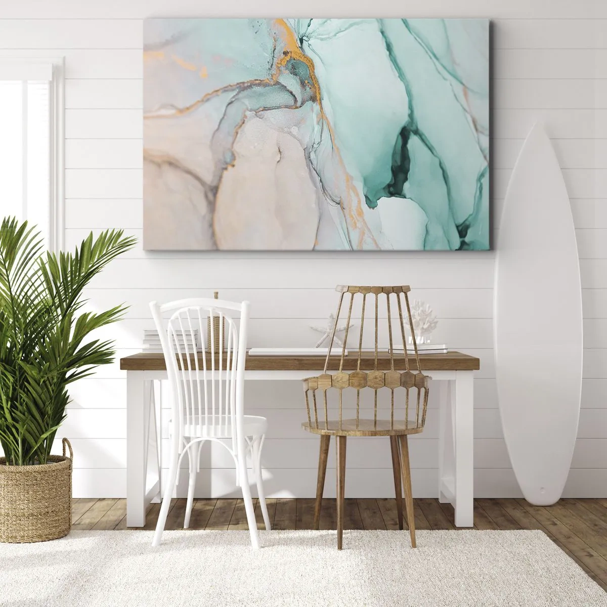 Obraz na plátne - Abstraktná kompozícia v odtieňoch tyrkysovej a zlatej. - 70x50cm - Tanec tvarov a farieb - Moderná nástenná dekorácia do obývacej izby a spálne ARTTOR