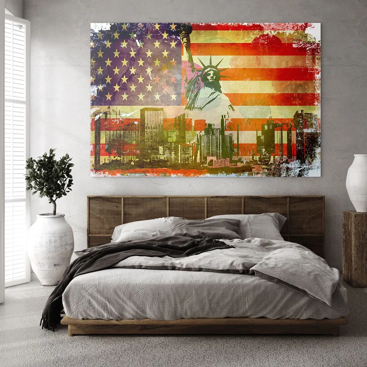 Obraz na skle - Vlajka USA so siluetou Sochy slobody a panorámou mesta - 70x50cm - Viva America! - Moderná nástenná dekorácia do obývacej izby a spálne ARTTOR
