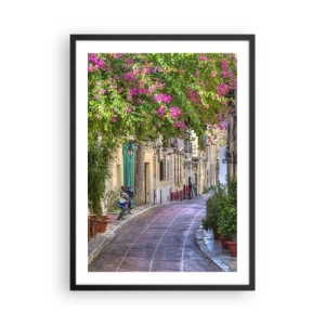 Plagát v čiernom ráme - Farebná ulica s kvitnúcimi kvetmi a klasickou architektúrou - 50x70cm - Kvitnúce zákutie - Moderná nástenná dekorácia do obývacej izby a spálne ARTTOR