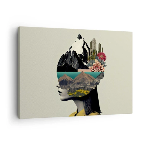 Obraz na plátne - Koláž ženy s horskou krajinou a kvetmi - 70x50cm - Žena – vždy tajomstvo - Moderná nástenná dekorácia do obývacej izby a spálne ARTTOR