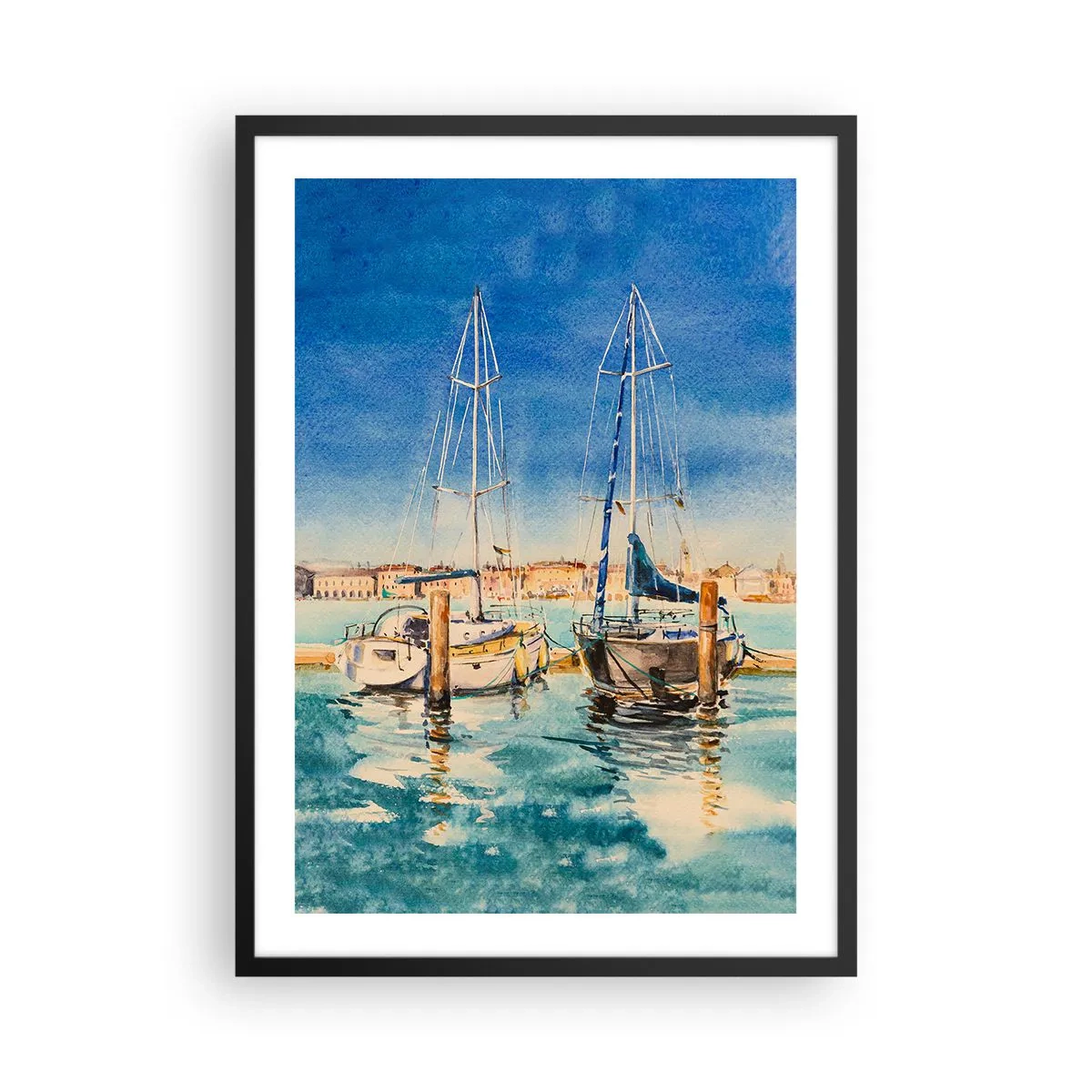 Plagát v čiernom ráme - Akvarelová ilustrácia plachetníc na pozadí modrej lagúny za slnečného dňa. - 50x70cm - Slnečná lagúna - Moderná nástenná dekorácia do obývacej izby a spálne ARTTOR