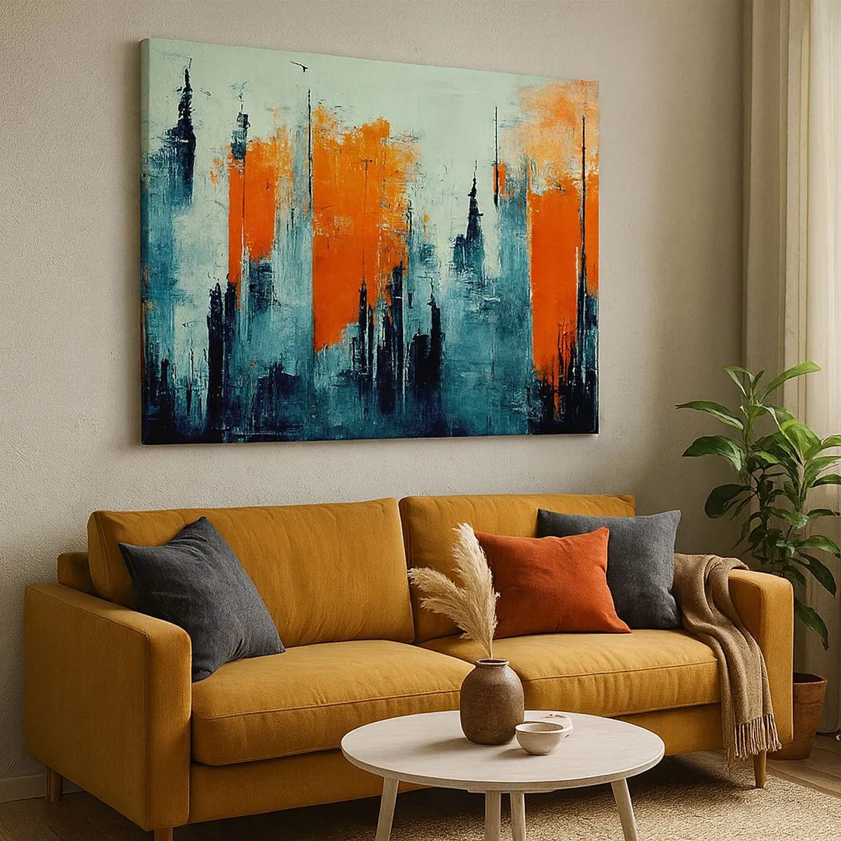 Obraz na plátne - Abstraktná panoráma mesta v odtieňoch oranžovej a modrej - 70x50cm - Moderná krajina - Moderná nástenná dekorácia do obývacej izby a spálne ARTTOR