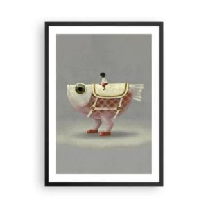 Plagát v čiernom ráme - Fantastická ryba so sedlom a postavou na sivom pozadí - 50x70cm - Rybí jazdec - Moderná nástenná dekorácia do obývacej izby a spálne ARTTOR