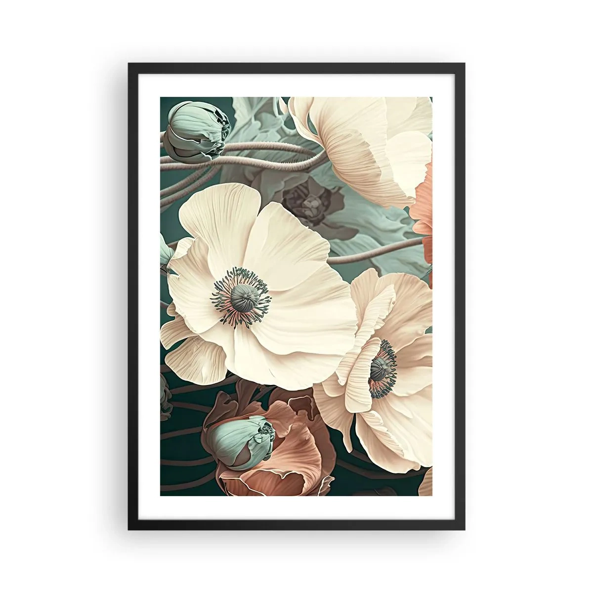 Plagát v čiernom ráme - Jemné kvety v pastelových odtieňoch na tmavom pozadí - 50x70cm - Šepot makov - Moderná nástenná dekorácia do obývacej izby a spálne ARTTOR