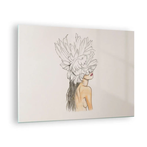 Obraz na skle - Kresba ženy s dlhými vlasmi a korunou z veľkých pierok - 70x50cm - Vrchol krásy - Moderná nástenná dekorácia do obývacej izby a spálne ARTTOR