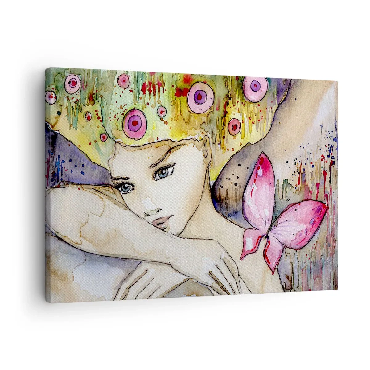 Obraz na plátne - Žena s abstraktným účesom a ružovým motýľom - 70x50cm - Motýlia princezná - Moderná nástenná dekorácia do obývacej izby a spálne ARTTOR