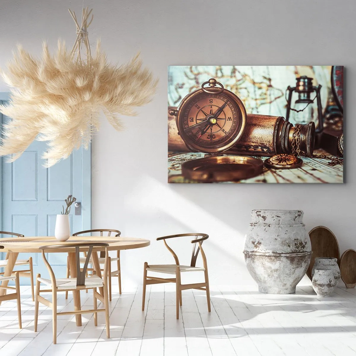 Obraz na plátne - Retro sada s kompasom, ďalekohľadom a mapou v cestovnej téme - 70x50cm - Pirátske dobrodružstvo v Karibiku čaká - Moderná nástenná dekorácia do obývacej izby a spálne ARTTOR