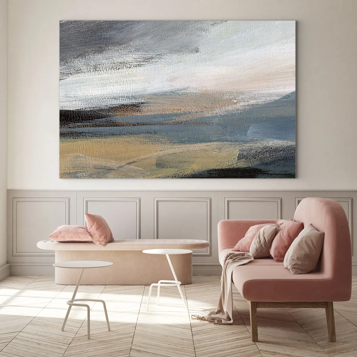 Obraz na skle - Abstraktná krajina v chladných a zemitých farbách. - 70x50cm - Abstrakcia: severná krajina - Moderná nástenná dekorácia do obývacej izby a spálne ARTTOR
