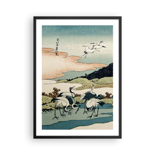 Plagát v čiernom ráme - Tradičné japonské umelecké dielo s žeriavmi v prírodnej krajine - 50x70cm - V japonskom duchu - Moderná nástenná dekorácia do obývacej izby a spálne ARTTOR