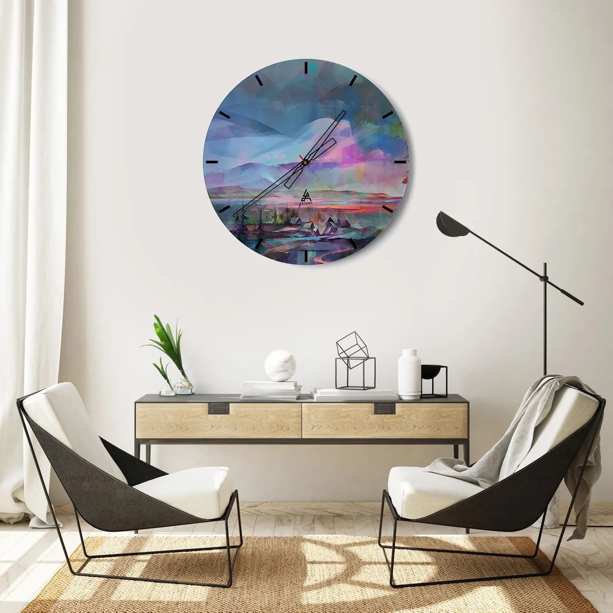 Nástenné hodiny - Farebná panoráma hôr a dediny v abstraktnom štýle - 30x30cm - Pod priateľským nebom - Moderná nástenná dekorácia do obývacej izby, kuchyne a spálne ARTTOR