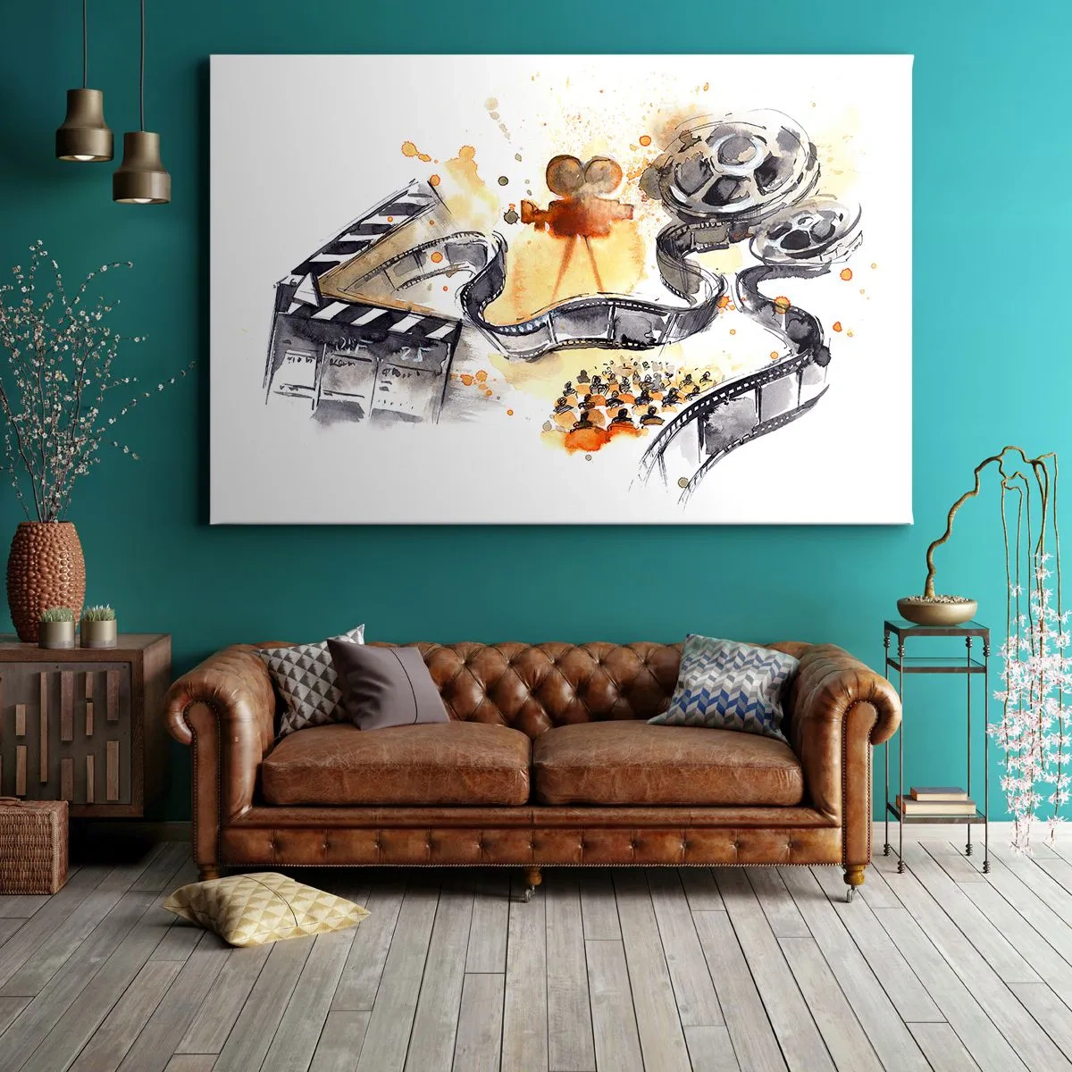 Obraz na plátne - Symbolika kina s filmovým pásom v umeleckom akvarelovom vzore - 70x50cm - V krajine snov - Moderná nástenná dekorácia do obývacej izby a spálne ARTTOR