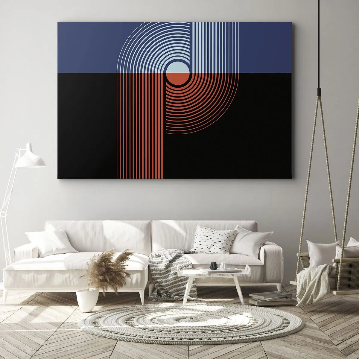 Obraz na plátne - Geometrická abstrakcia s čiarami v tmavomodrej a oranžovej farbe. - 70x50cm - V geometrickom objatí - Moderná nástenná dekorácia do obývacej izby a spálne ARTTOR