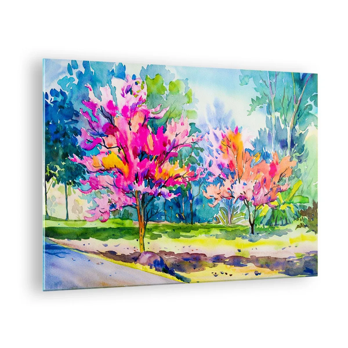 Obraz na skle - Farebné stromy v parku maľované akvarelovou technikou - 70x50cm - Dúhová záhrada v jarnom lesku - Moderná nástenná dekorácia do obývacej izby a spálne ARTTOR