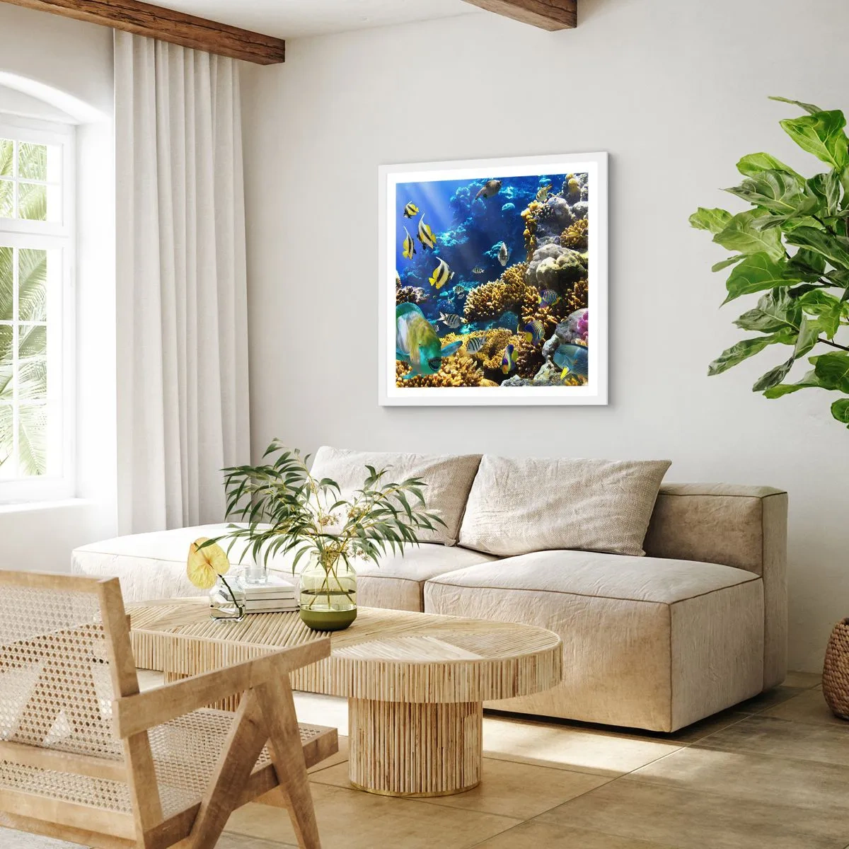 Plagát v bielom ráme - Veľká prevádzka na prázdninovom chodníku - 60x60 cm