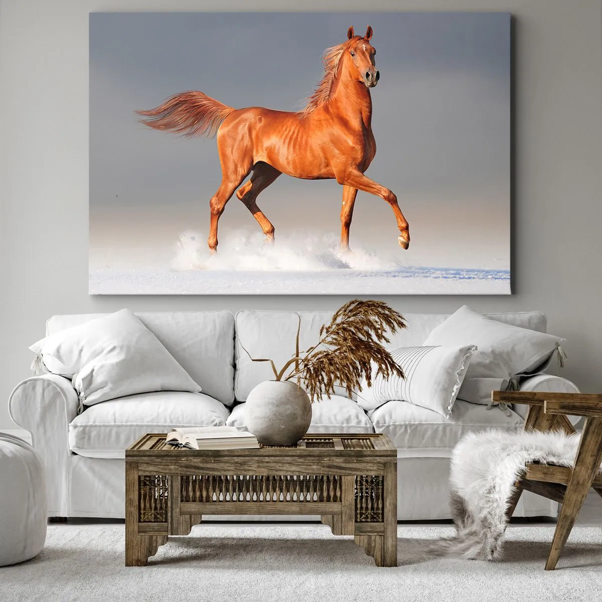 Obraz na plátne - Cválajúci kôň proti modrej oblohe - 70x50cm - Tancujúca elegancia - Moderná nástenná dekorácia do obývacej izby a spálne ARTTOR