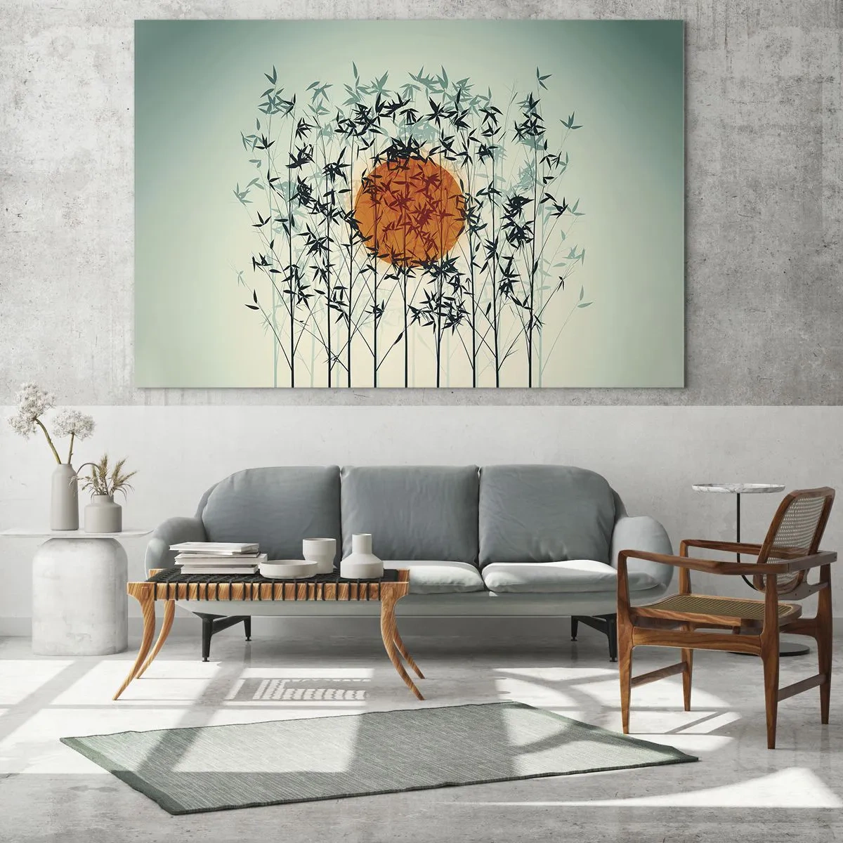 Obraz na skle - Červené slnko medzi jemnými bambusovými listami - 70x50cm - Japonské slnko - Moderná nástenná dekorácia do obývacej izby a spálne ARTTOR