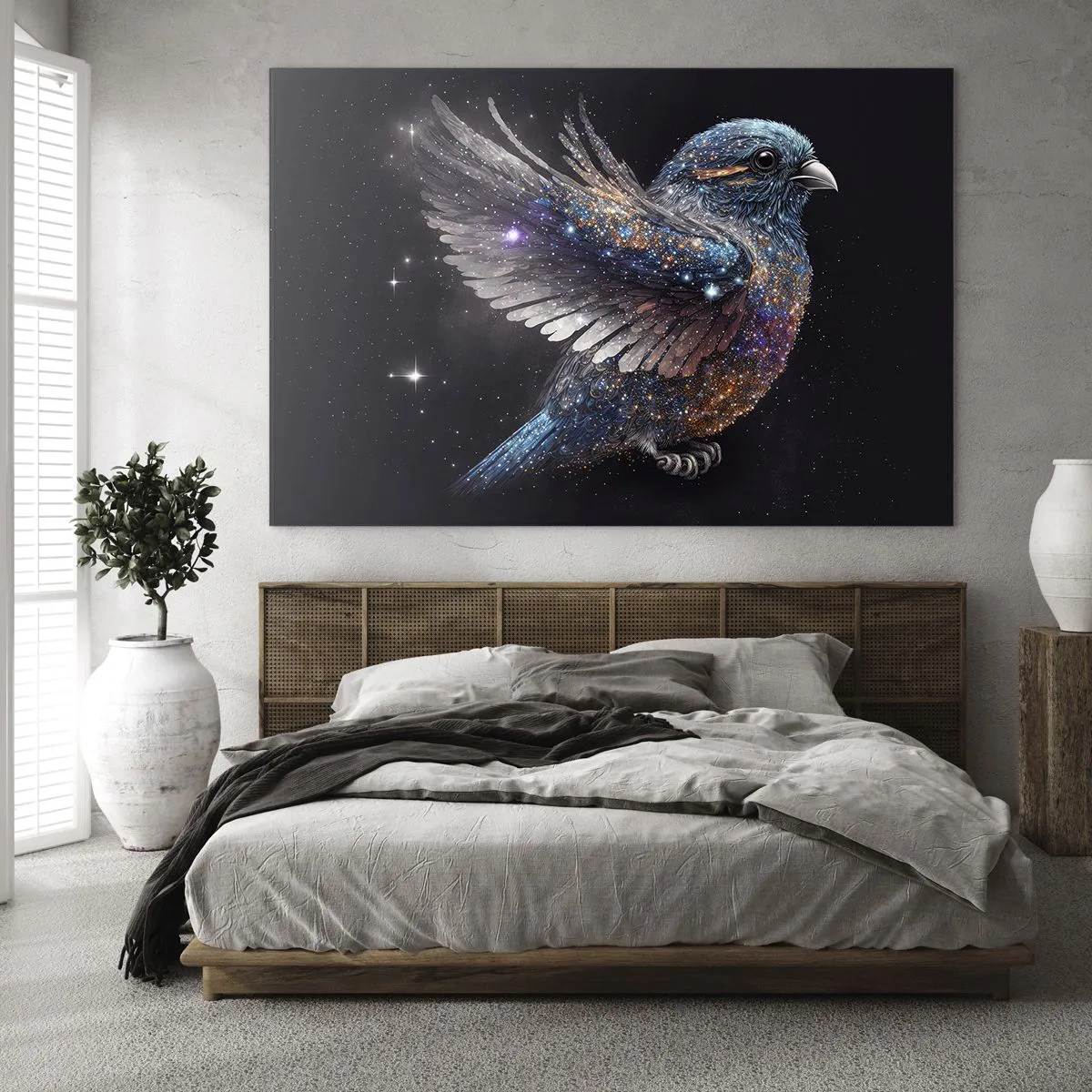 Obraz na skle - Vesmírny vrabec s diamantovým trblietaním - 70x50cm - Diamantový vrabec - Moderná nástenná dekorácia do obývacej izby a spálne ARTTOR