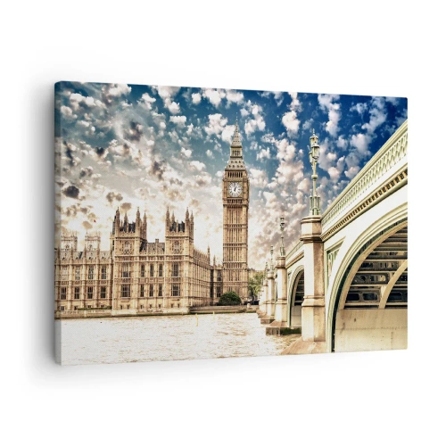 Obraz na plátne - Big Ben a Westminsterský most osvetlené slnkom v Londýne - 70x50cm - Perové oblaky nad Temžou - Moderná nástenná dekorácia do obývacej izby a spálne ARTTOR