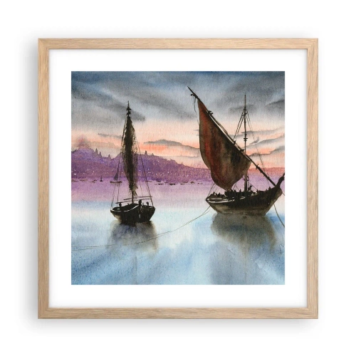 Plagát v ráme zo svetlého duba - Večer v prístave - 40x40 cm