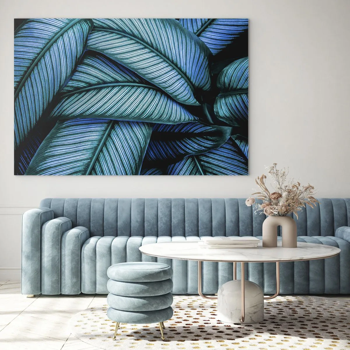 Obraz na skle - Detailný záber na tyrkysové listy s intenzívnou textúrou. - 70x50cm - Čiary života - Moderná nástenná dekorácia do obývacej izby a spálne ARTTOR