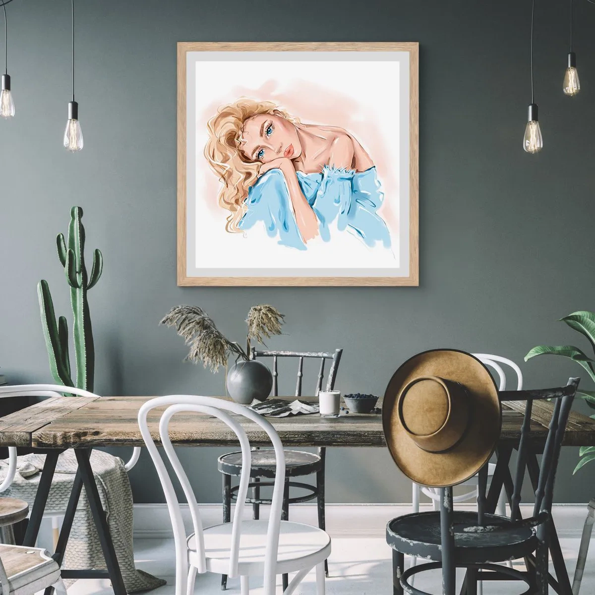 Plagát v ráme zo svetlého duba - Zasnená v modrej - 40x40 cm