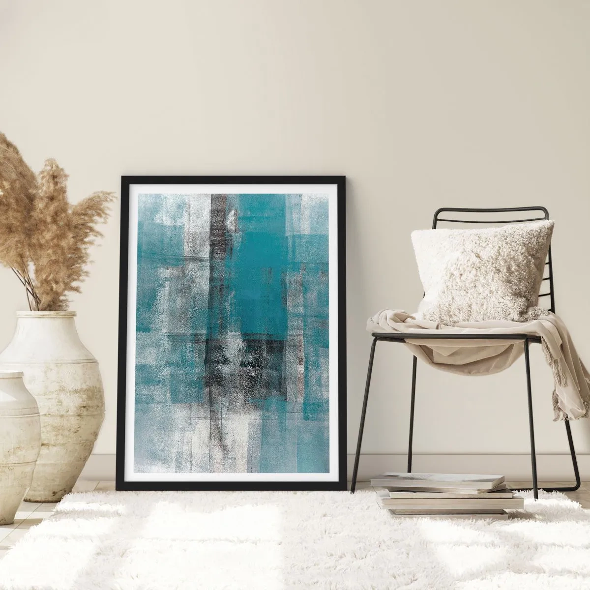 Plagát v čiernom ráme - Abstraktná kompozícia v odtieňoch modrej a sivej - 50x70cm - Voda a vzduch - Moderná nástenná dekorácia do obývacej izby a spálne ARTTOR