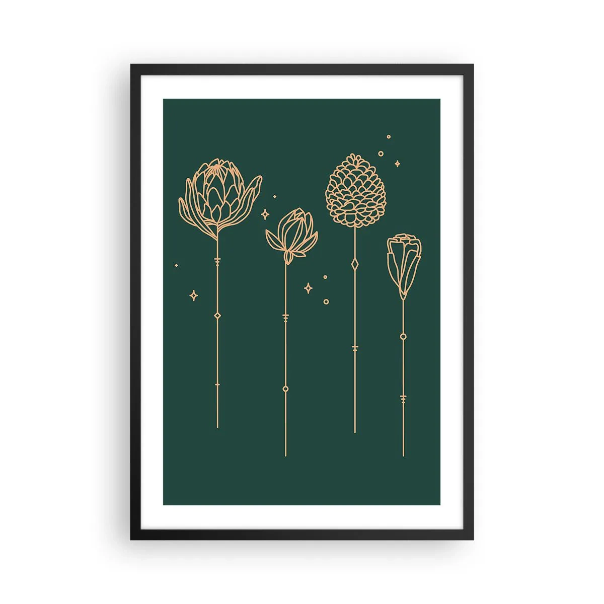 Plagát v čiernom ráme - Zlaté obrysy kvetov na tmavozelenom pozadí - 50x70cm - Bylinky - Moderná nástenná dekorácia do obývacej izby a spálne ARTTOR