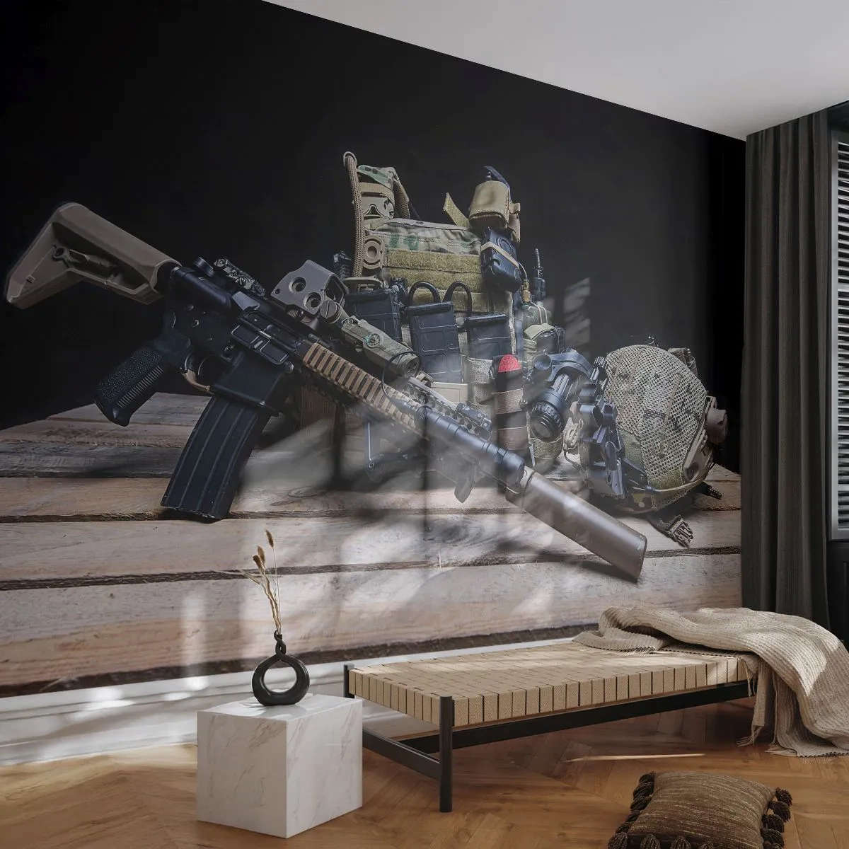 Fototapeta Standard Eco - Taktické bojové vybavenie s puškou a prilbou - 100x70cm - Pohov! - Moderná nástenná dekorácia do obývacej izby a spálne ARTTOR