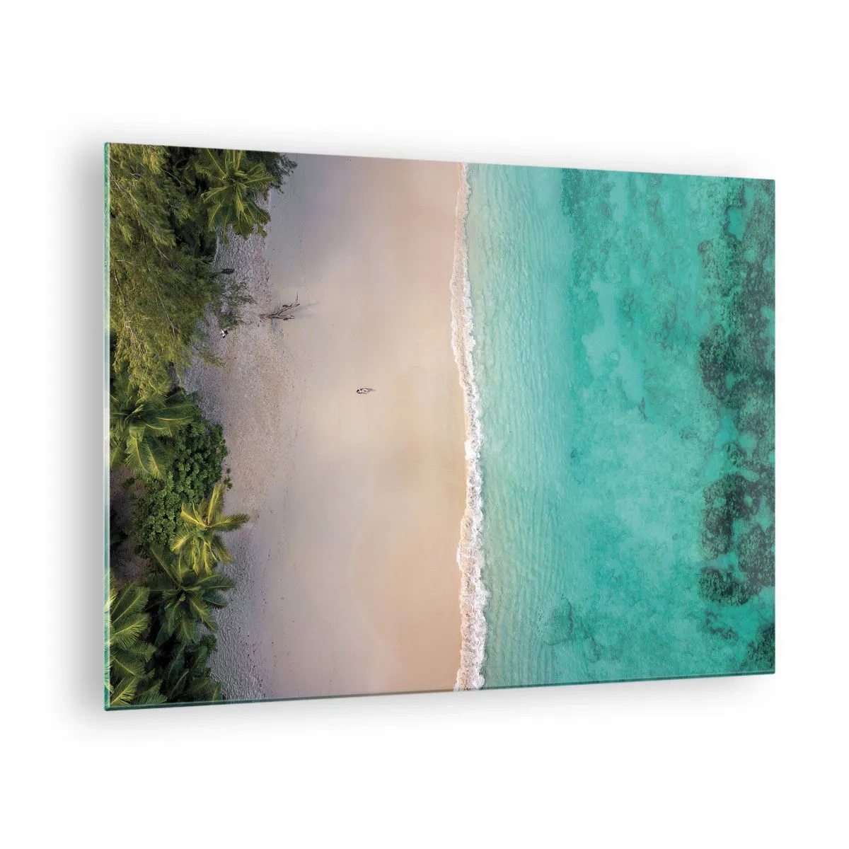Obraz na skle - Letecký pohľad na tropickú pláž a tyrkysové more - 70x50cm - Rajská pláž - Moderná nástenná dekorácia do obývacej izby a spálne ARTTOR