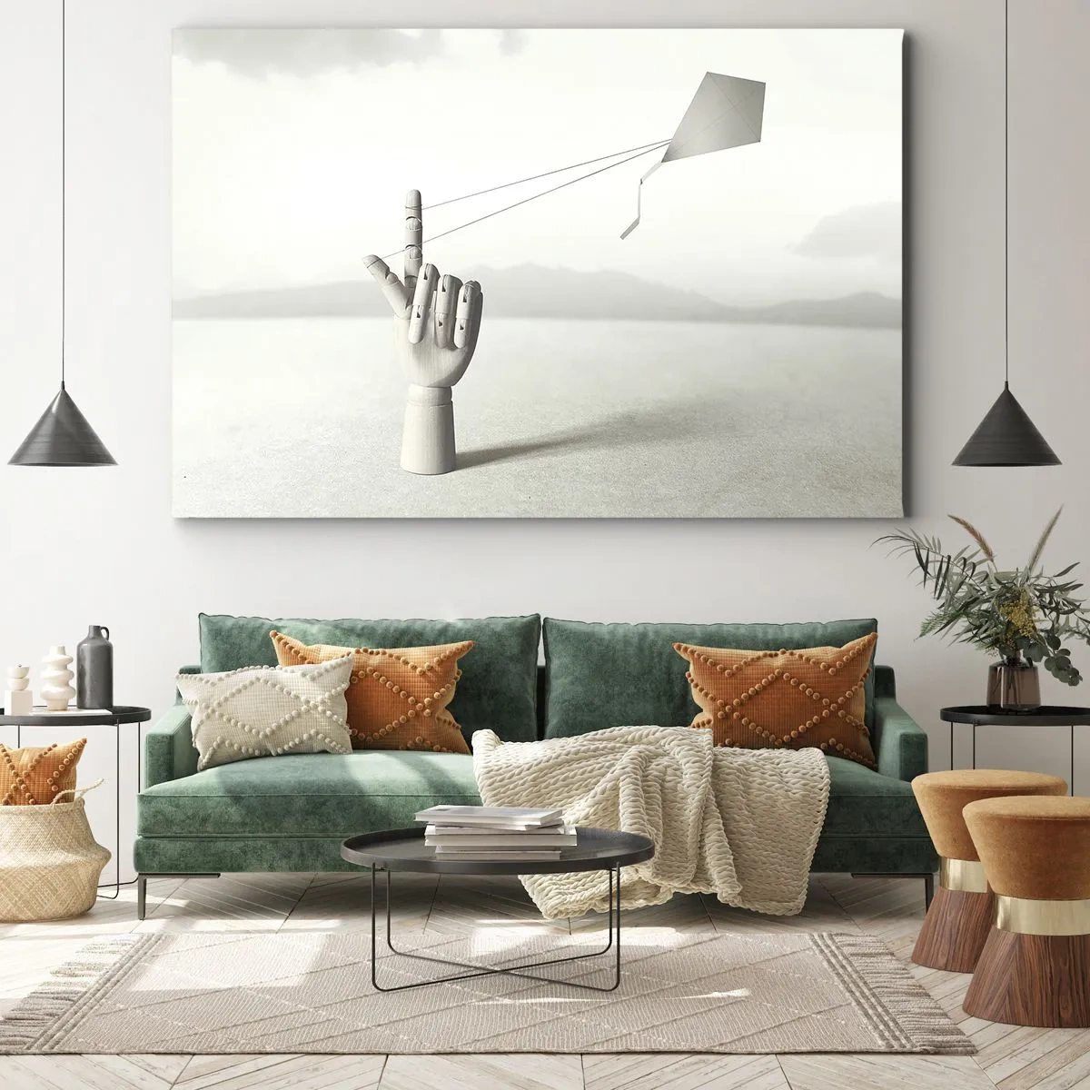 Obraz na plátne - Minimalistická drevená ruka s drakom na pozadí krajiny. - 70x50cm - Výzva - Moderná nástenná dekorácia do obývacej izby a spálne ARTTOR