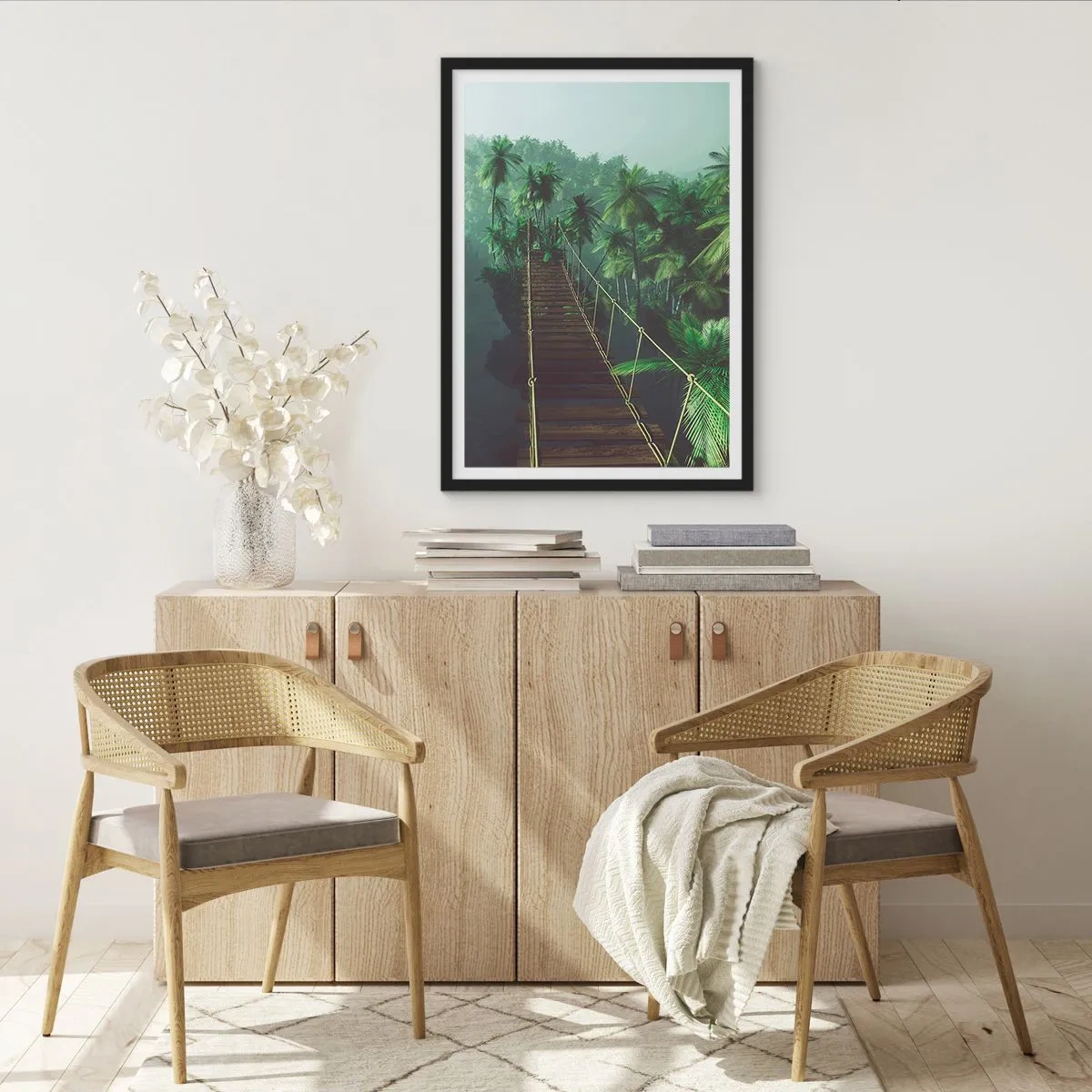 Plagát v čiernom ráme - Visutý most v tropickom lese plnom paliem - 50x70cm - Pri vodopáde zelene - Moderná nástenná dekorácia do obývacej izby a spálne ARTTOR