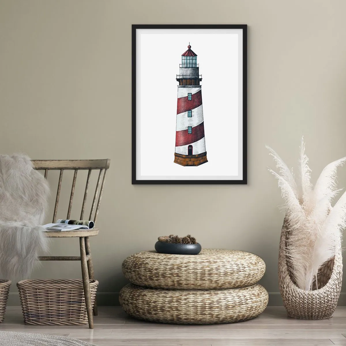 Plagát v čiernom ráme - Ilustrácia majáka v klasickom štýle - 50x70cm - Vždy na stráži - Moderná nástenná dekorácia do obývacej izby a spálne ARTTOR