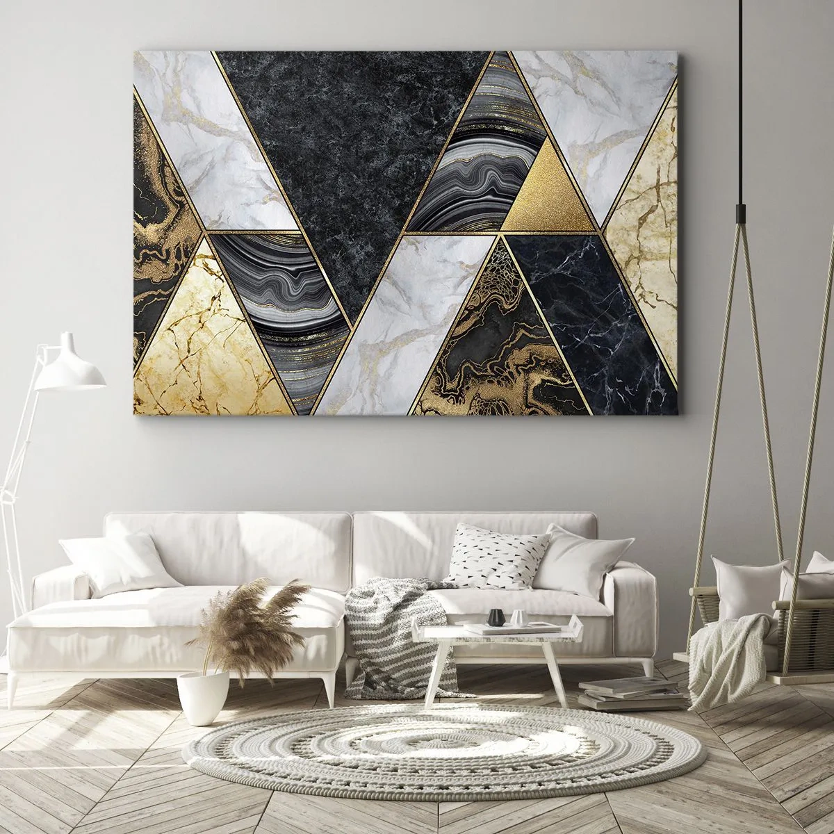 Obraz na plátne - Geometrické trojuholníky v zlatých, mramorových a tmavých odtieňoch - 70x50cm - Kameň vedľa kameňa - Moderná nástenná dekorácia do obývacej izby a spálne ARTTOR
