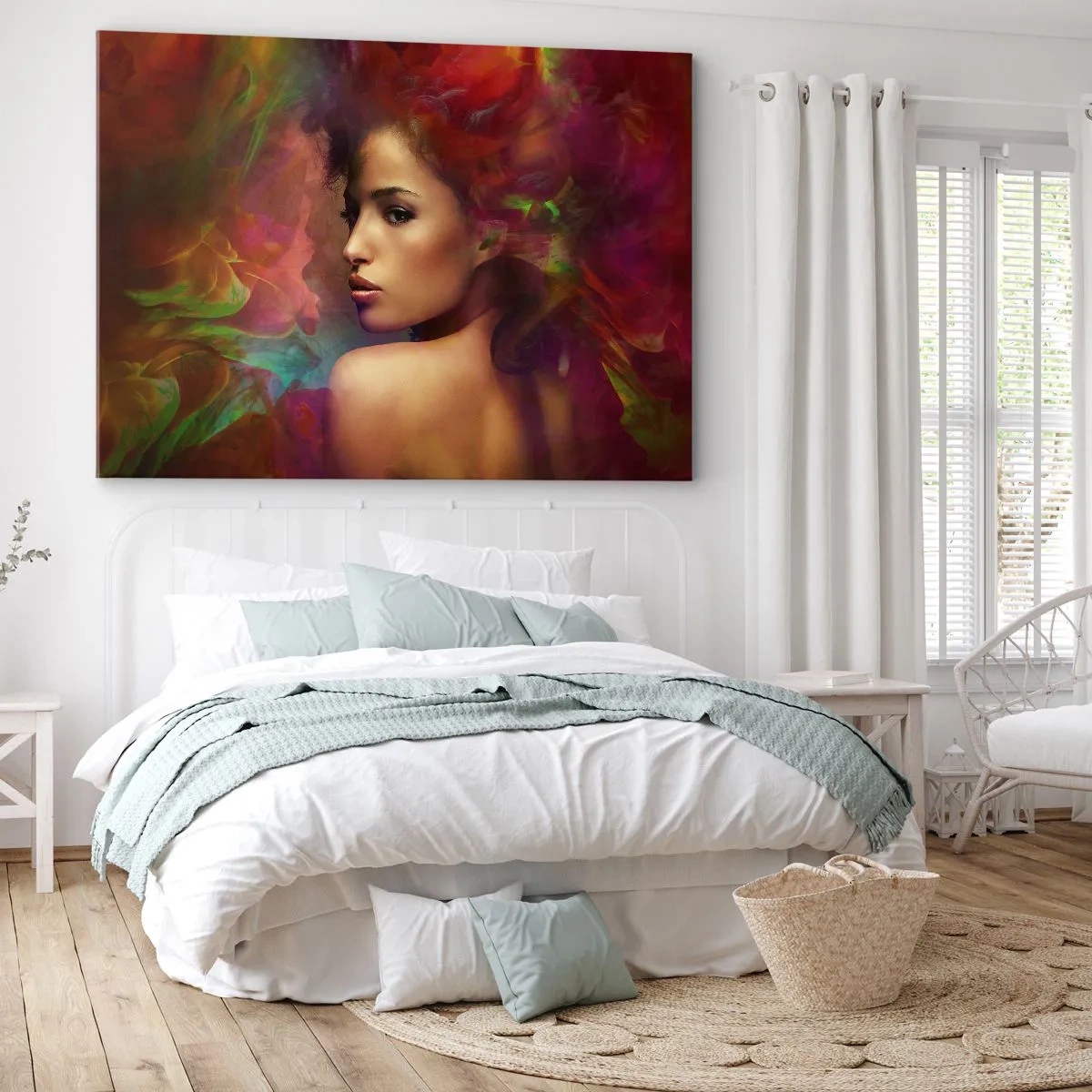 Obraz na plátne - Žena s farebnými odrazmi vytvára abstraktné pozadie - 70x50cm - Krajšia ako dúha, jemnejšia ako hmla - Moderná nástenná dekorácia do obývacej izby a spálne ARTTOR