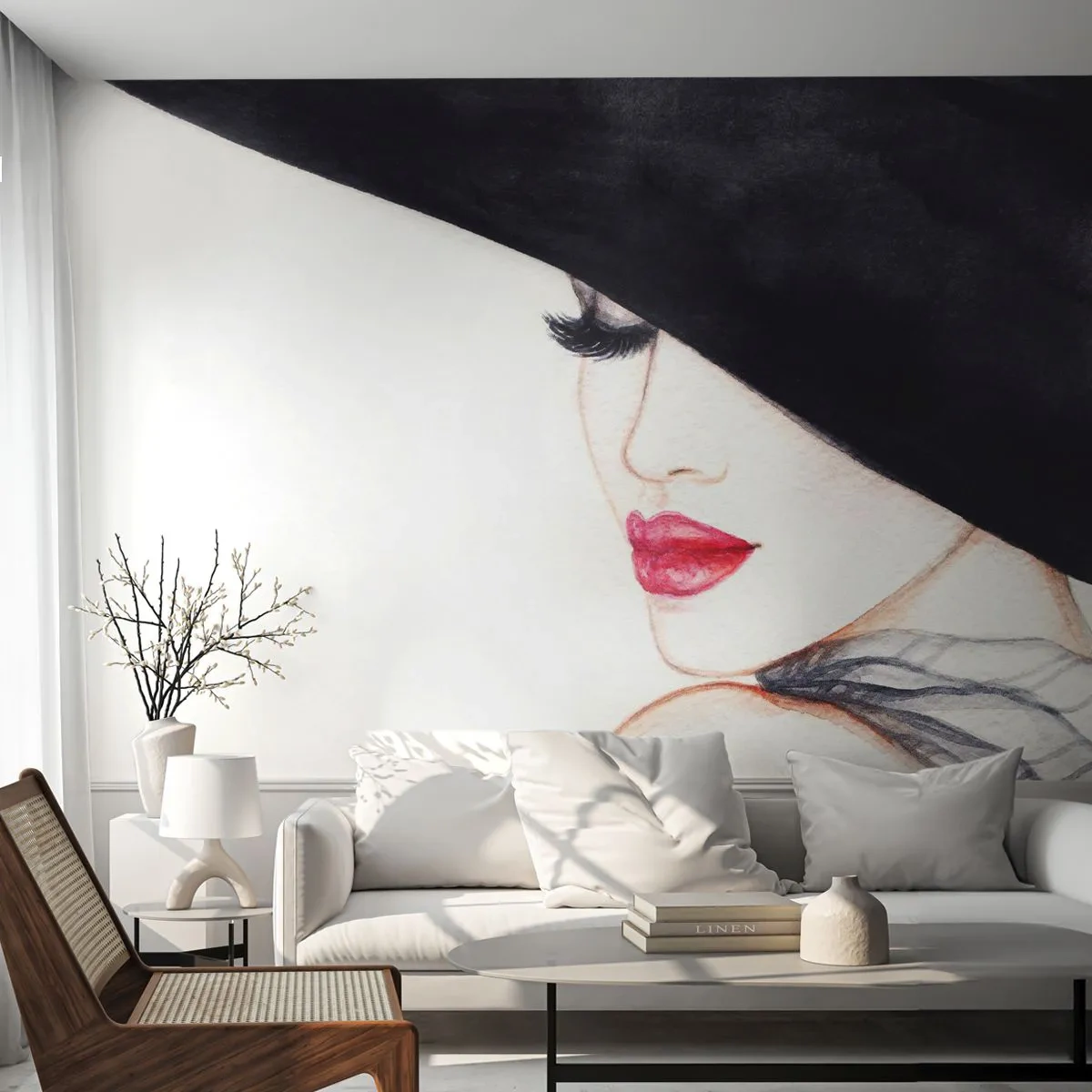 Samolepiaca Fototapeta Deluxe Sticker - Elegancia a zmyselnosť - Žena, červené pery, Čierny klobúk - 350x256 cm