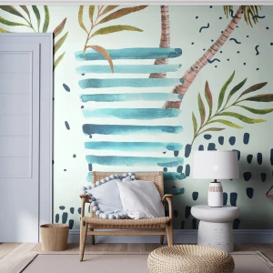 Fototapeta Premium Canvas - Prázdniny pod palmami - Akvarely, Kokosová palma, Plachetnica - 450x315 cm