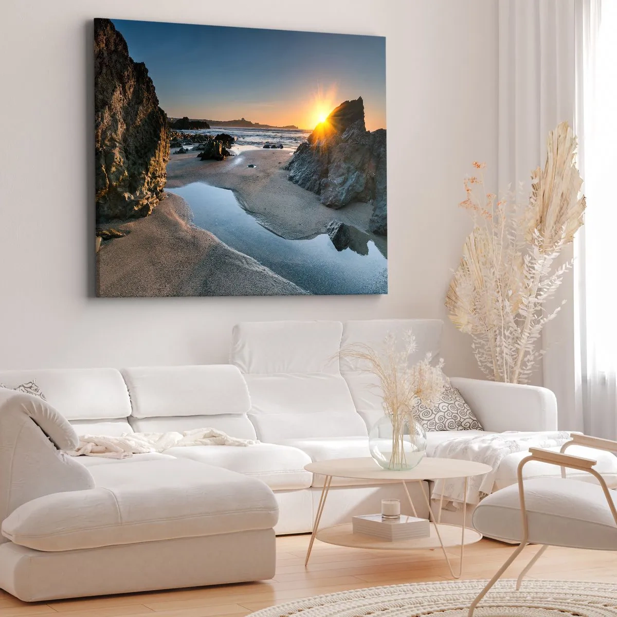 Obraz na plátne - Malebný západ slnka na skalnatej pláži - 70x50cm - Nedotknuté ľudskou rukou - Moderná nástenná dekorácia do obývacej izby a spálne ARTTOR