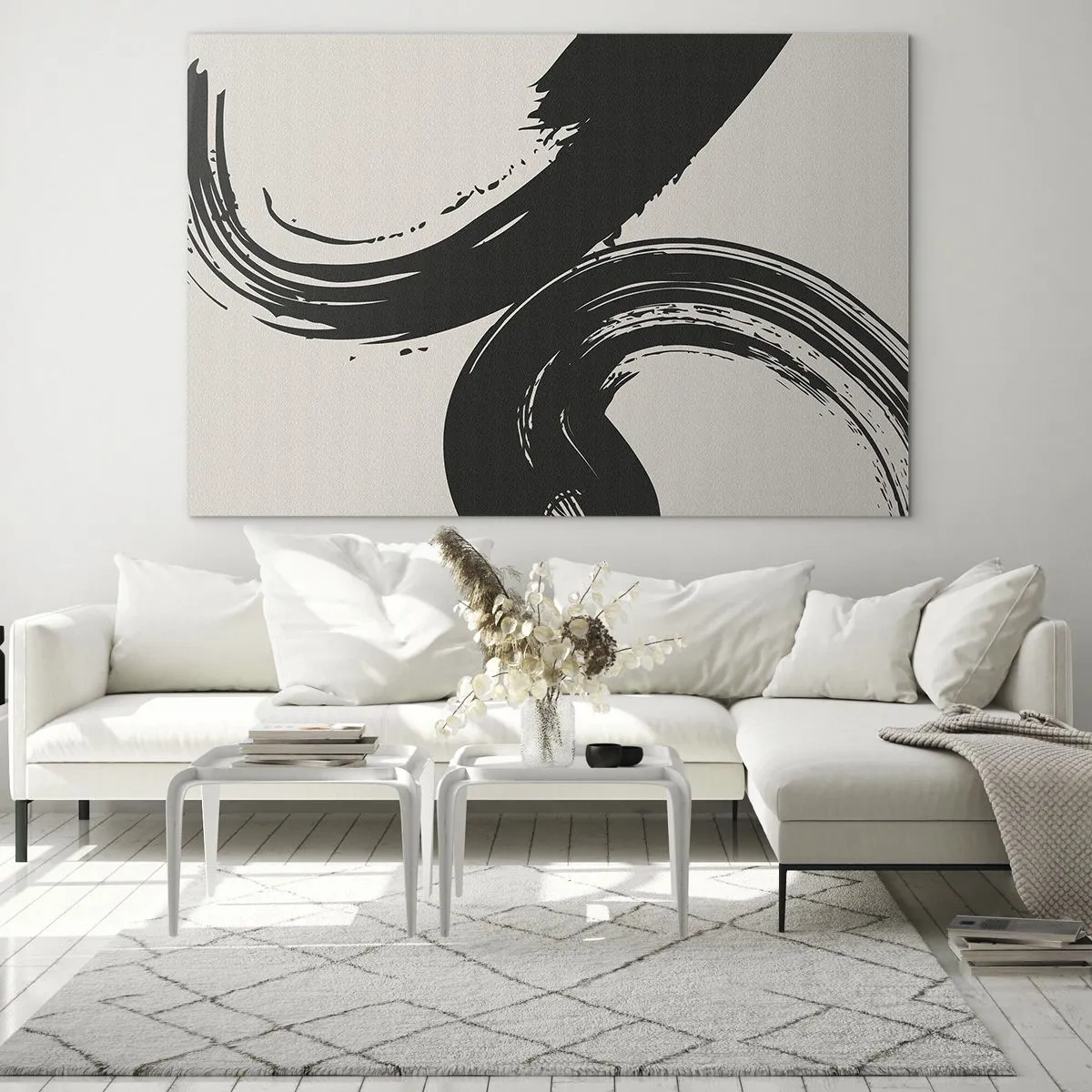 Obraz na skle - Čierne, dynamické kaligrafické ťahy štetcom na svetlom pozadí. - 70x50cm - S rozmachom a dookola - Moderná nástenná dekorácia do obývacej izby a spálne ARTTOR
