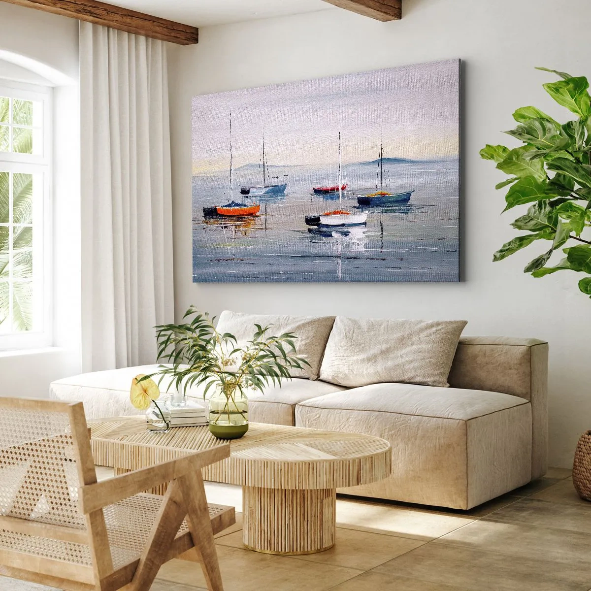 Obraz na plátne - Farebné lode na pokojnej vode - 70x50cm - Zaslúžený odpočinok - Moderná nástenná dekorácia do obývacej izby a spálne ARTTOR