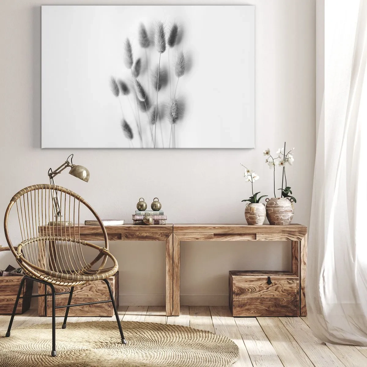 Obraz na plátne - Jemné trávy v odtieňoch sivej na bielom pozadí - 70x50cm - Našuchorená tráva - Moderná nástenná dekorácia do obývacej izby a spálne ARTTOR