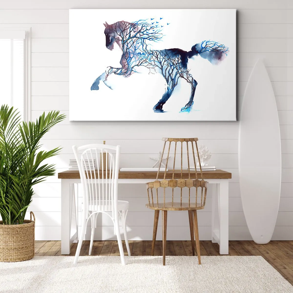 Obraz na plátne - Umelecká grafika koňa s motívmi stromov a vtákov - 70x50cm - Akoby sa les pohol - Moderná nástenná dekorácia do obývacej izby a spálne ARTTOR