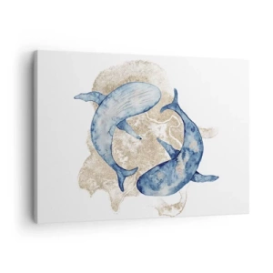Obraz na plátne - Abstraktné modré veľryby na svetlom pozadí - 70x50cm - Priateľstvo alebo láska? - Moderná nástenná dekorácia do obývacej izby a spálne ARTTOR